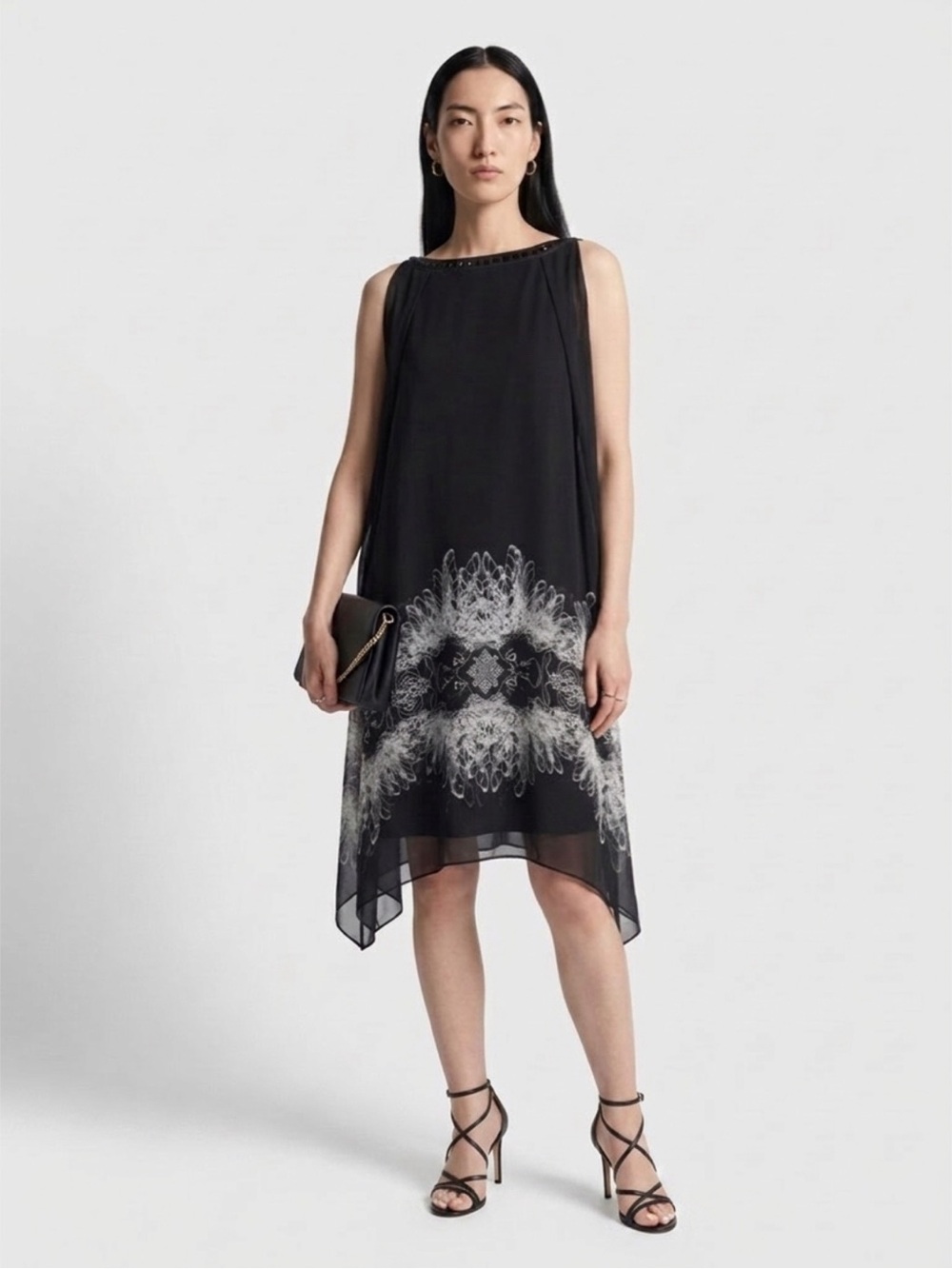 Thomas Wylde Black Silk and Leather Sleeveless Dress with Asymmetrical Hem